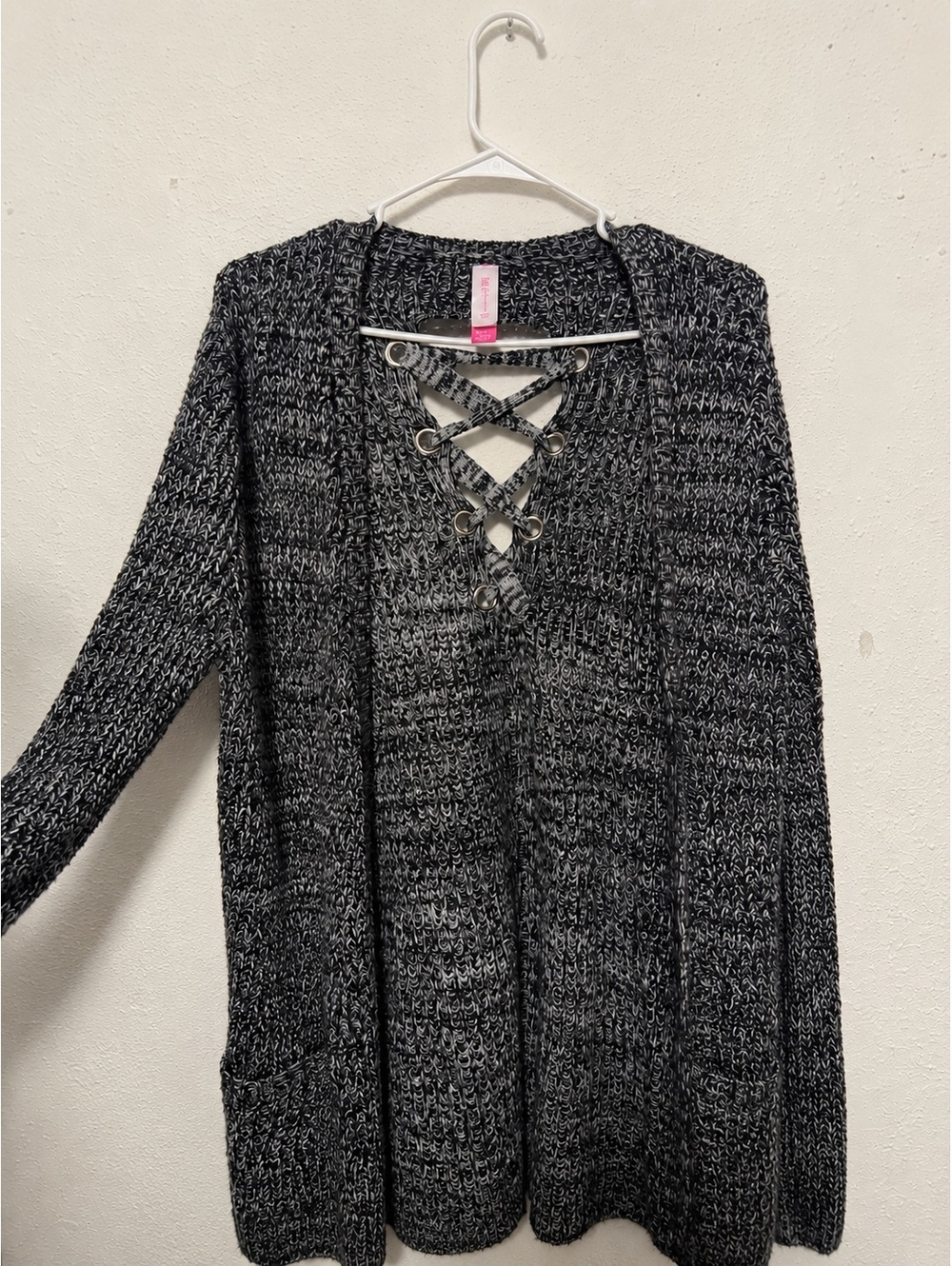 Gray marled lace-up knit sweater
